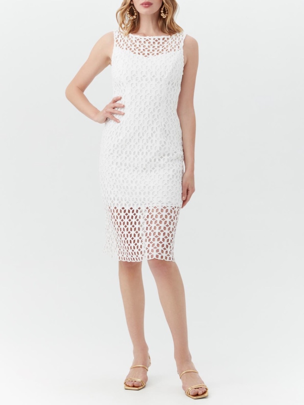 Trina Turk White Sleeveless Crochet Midi Dress